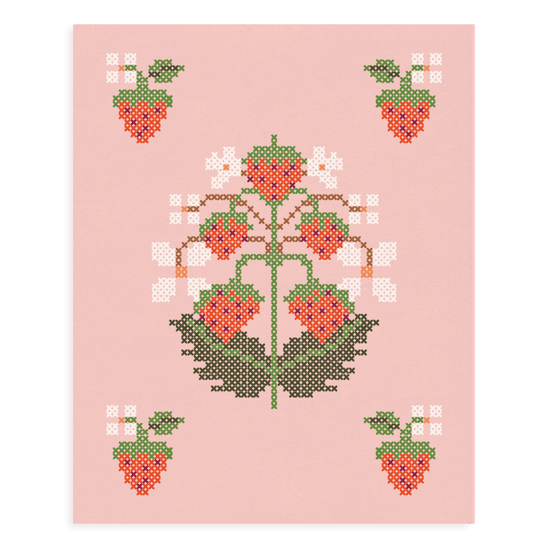 Strawberry Cross-Stitch Pink Art Print