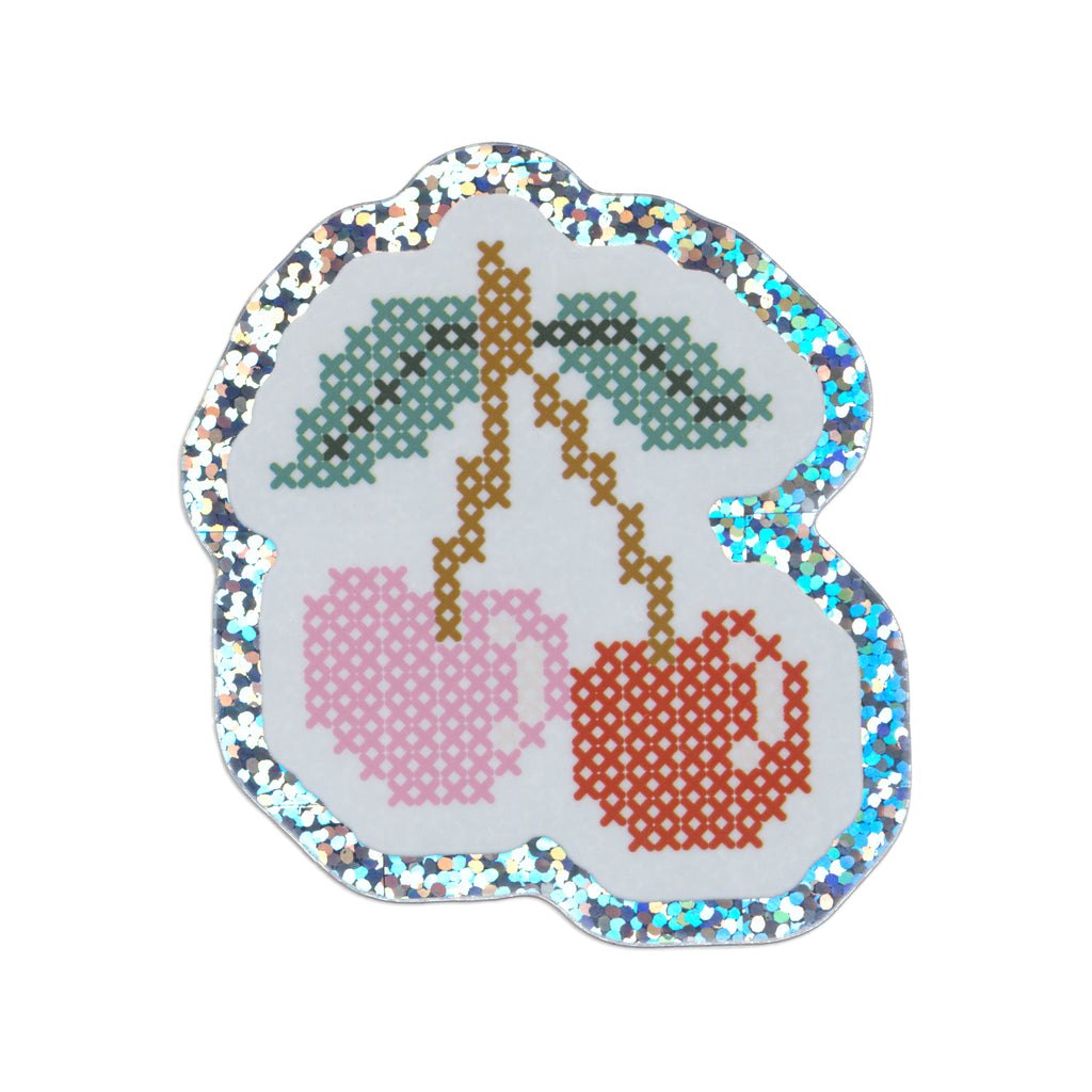 Cherry Cross-Stitch Glitter Die-Cut Sticker