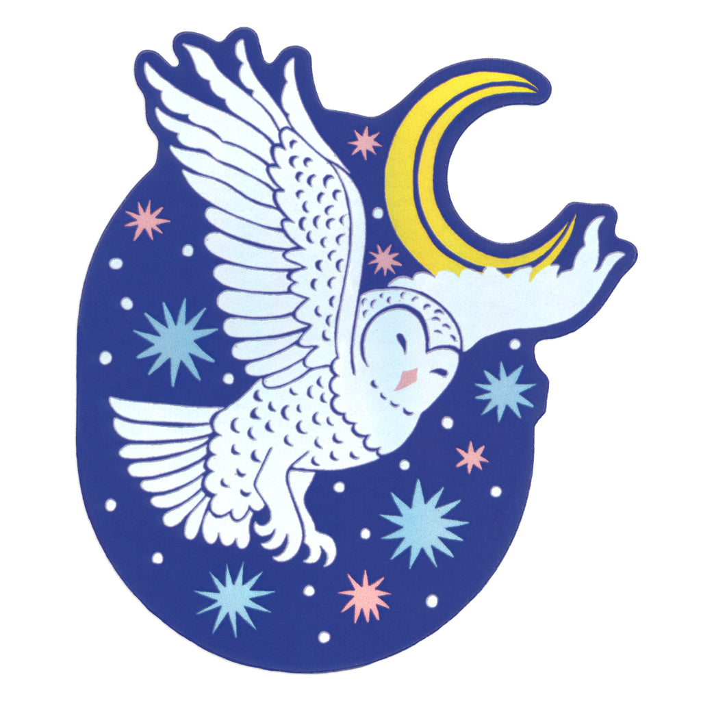 Owl and Moon Matte Holographic Die-Cut Sticker