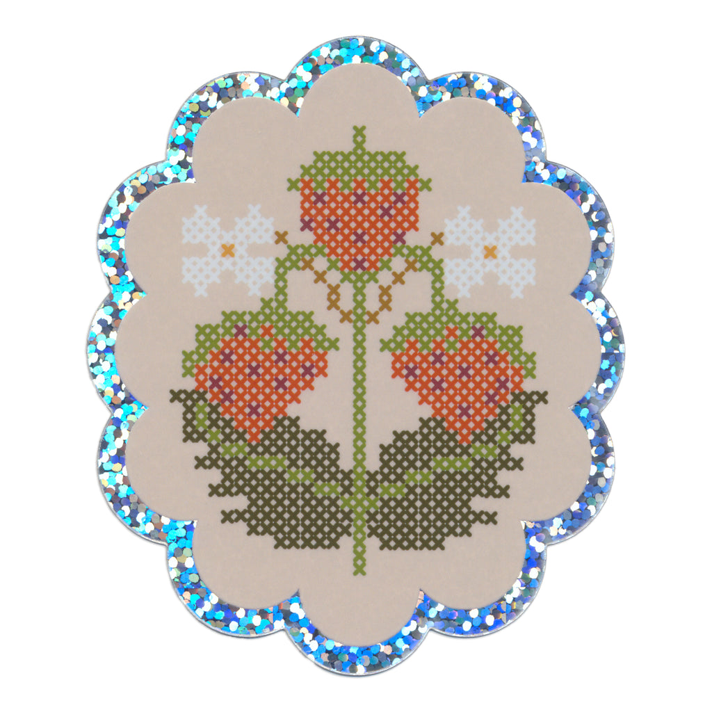 Strawberry Cross-Stitch Glitter Die-Cut Sticker