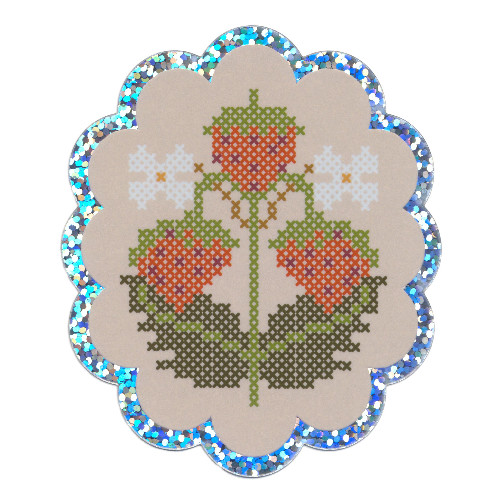Strawberry Cross-Stitch Glitter Die-Cut Sticker
