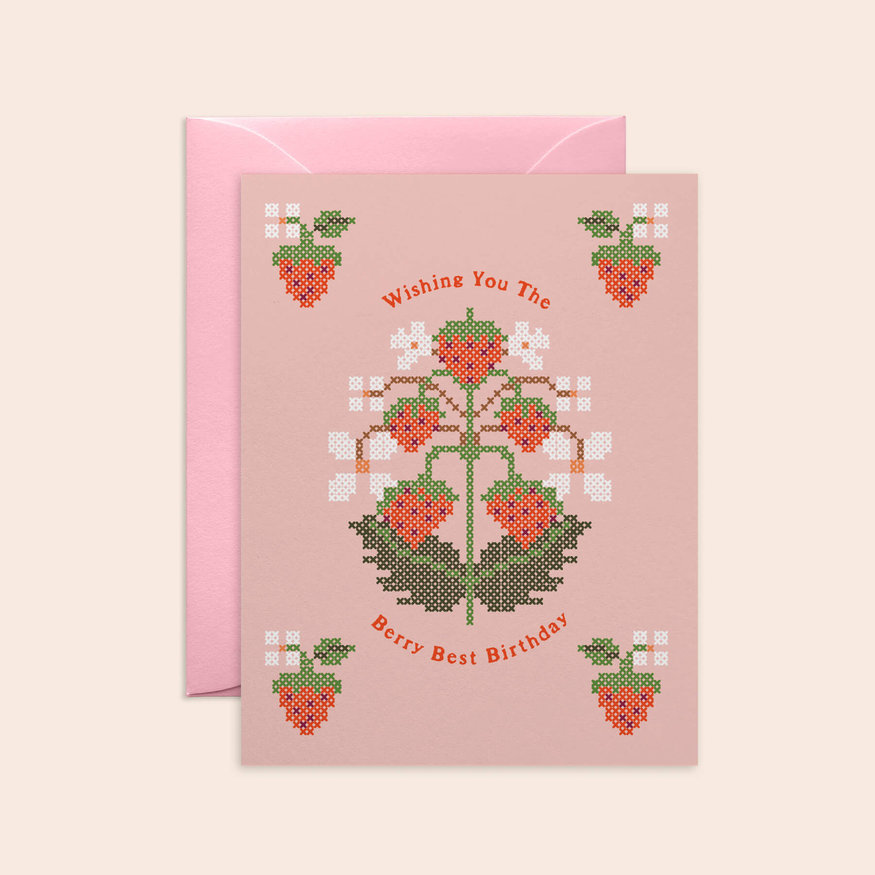 Strawberry Cross-Stitch Birthday Card, Pink