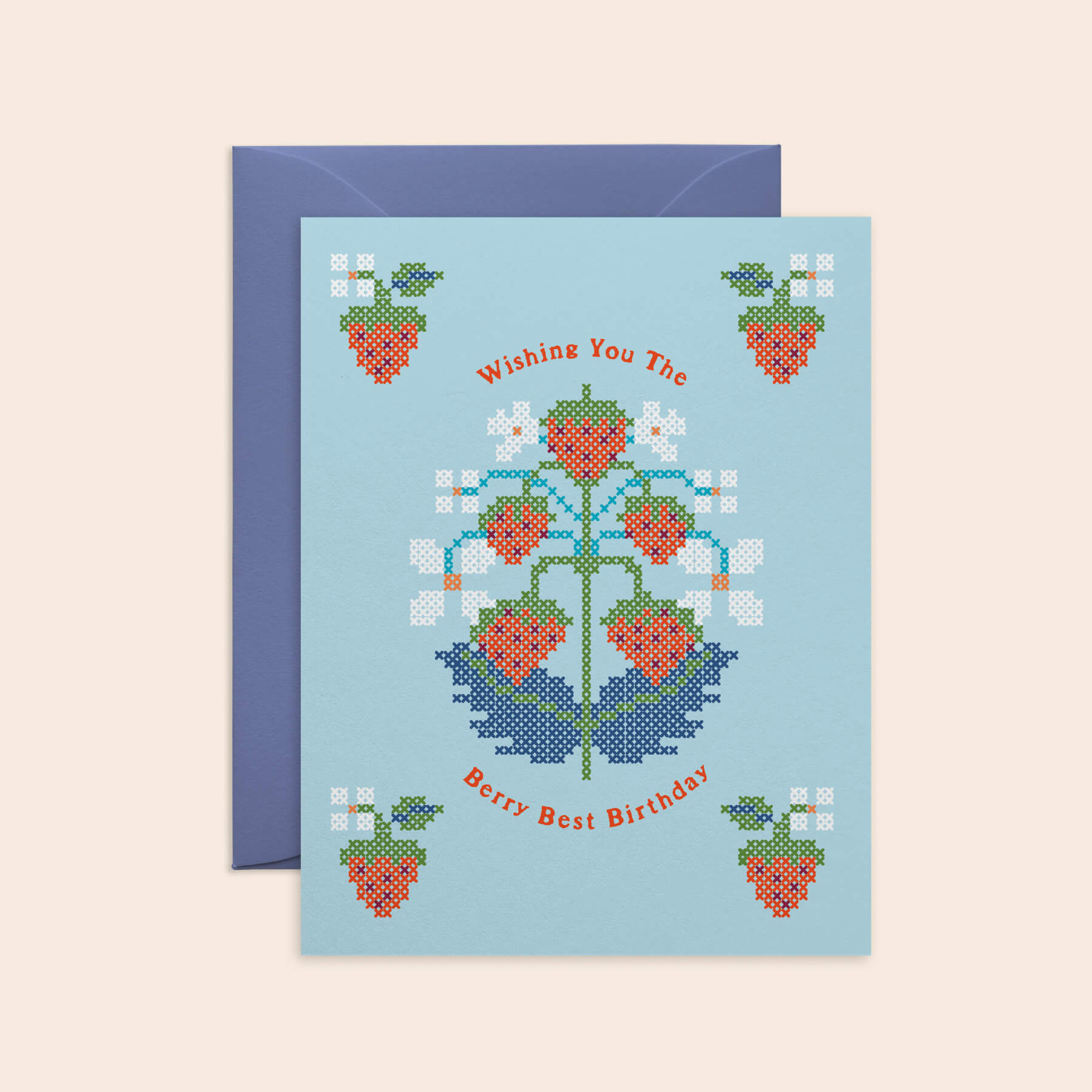 Strawberry Cross-Stitch Birthday Card, Blue