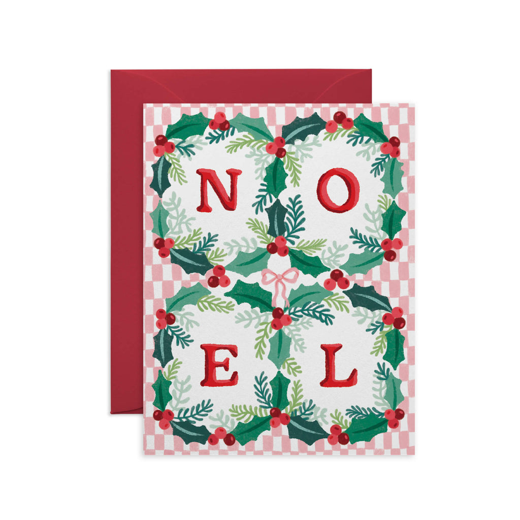 Vintage NOEL Holly Border Christmas Card with Pink Checker