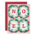Vintage NOEL Holly Border Christmas Card with Pink Checker