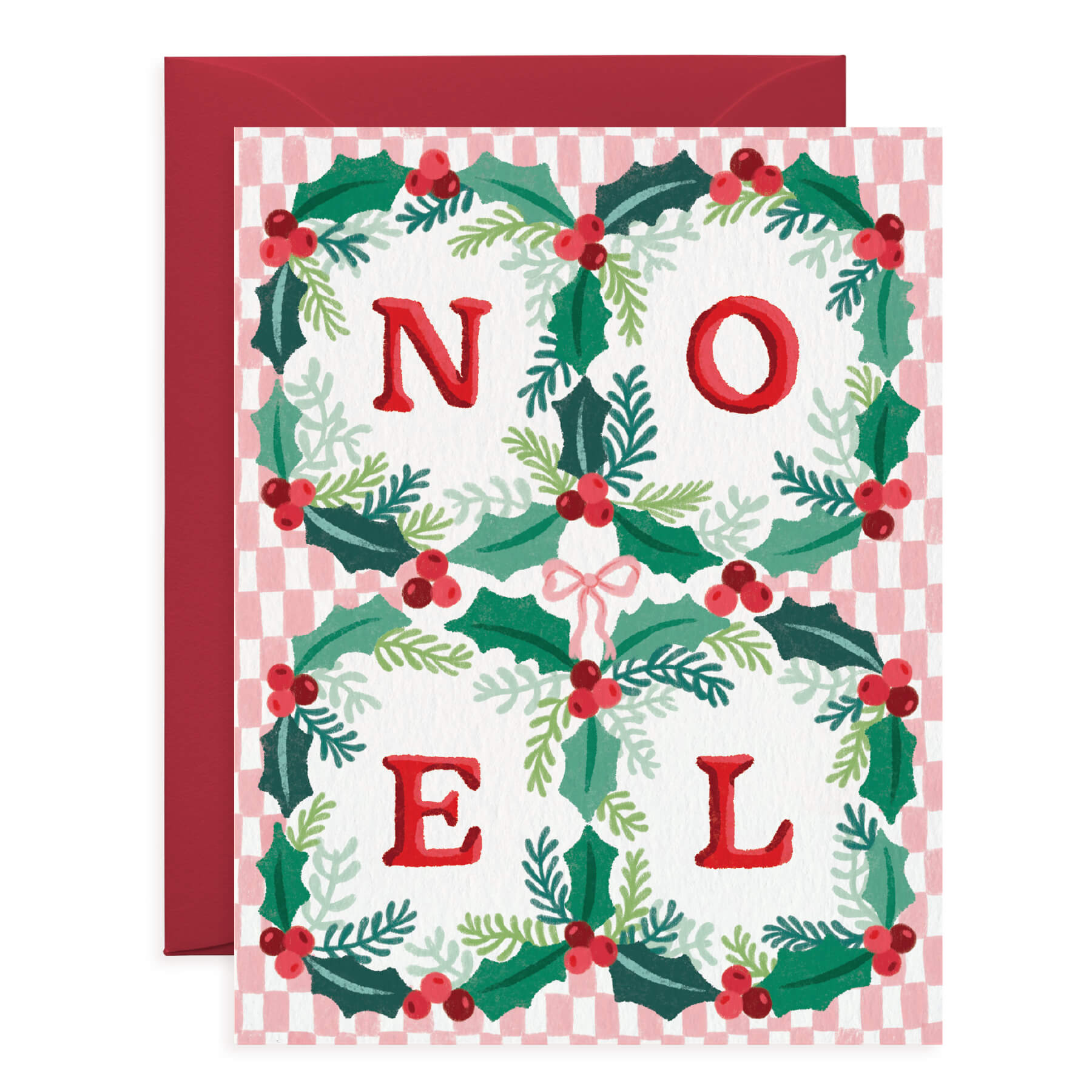 Vintage NOEL Holly Border Christmas Card with Pink Checker
