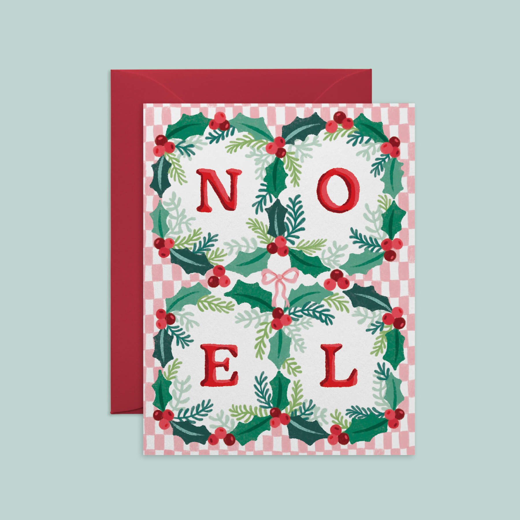 Vintage NOEL Holly Border Christmas Card with Pink Checker