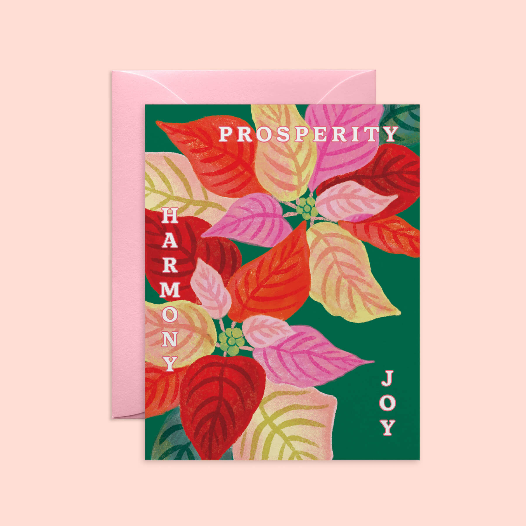 Prosperity Harmony Joy Poinsettia Holiday Card