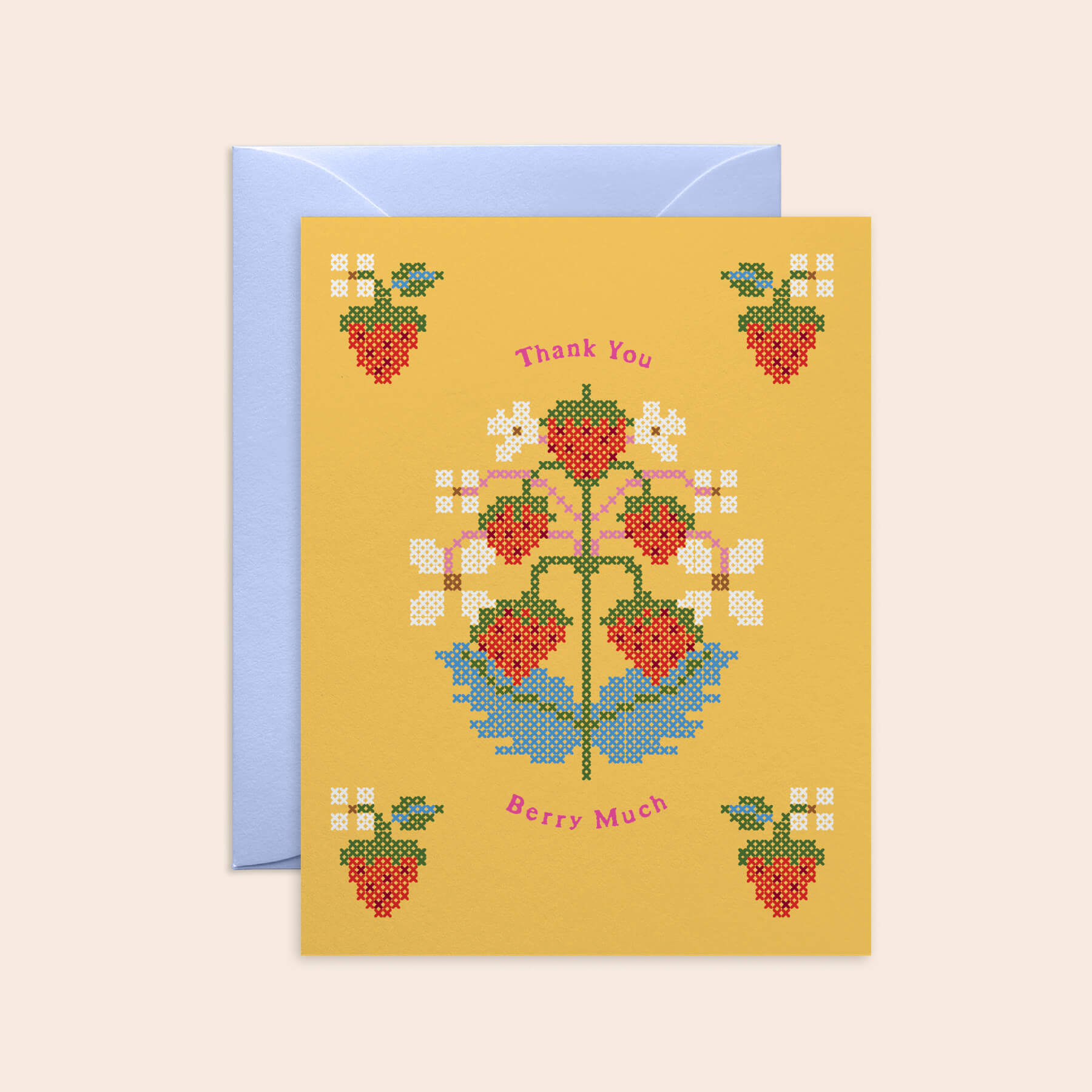 Strawberry Cross-Stitch Thank You Card, Yellow