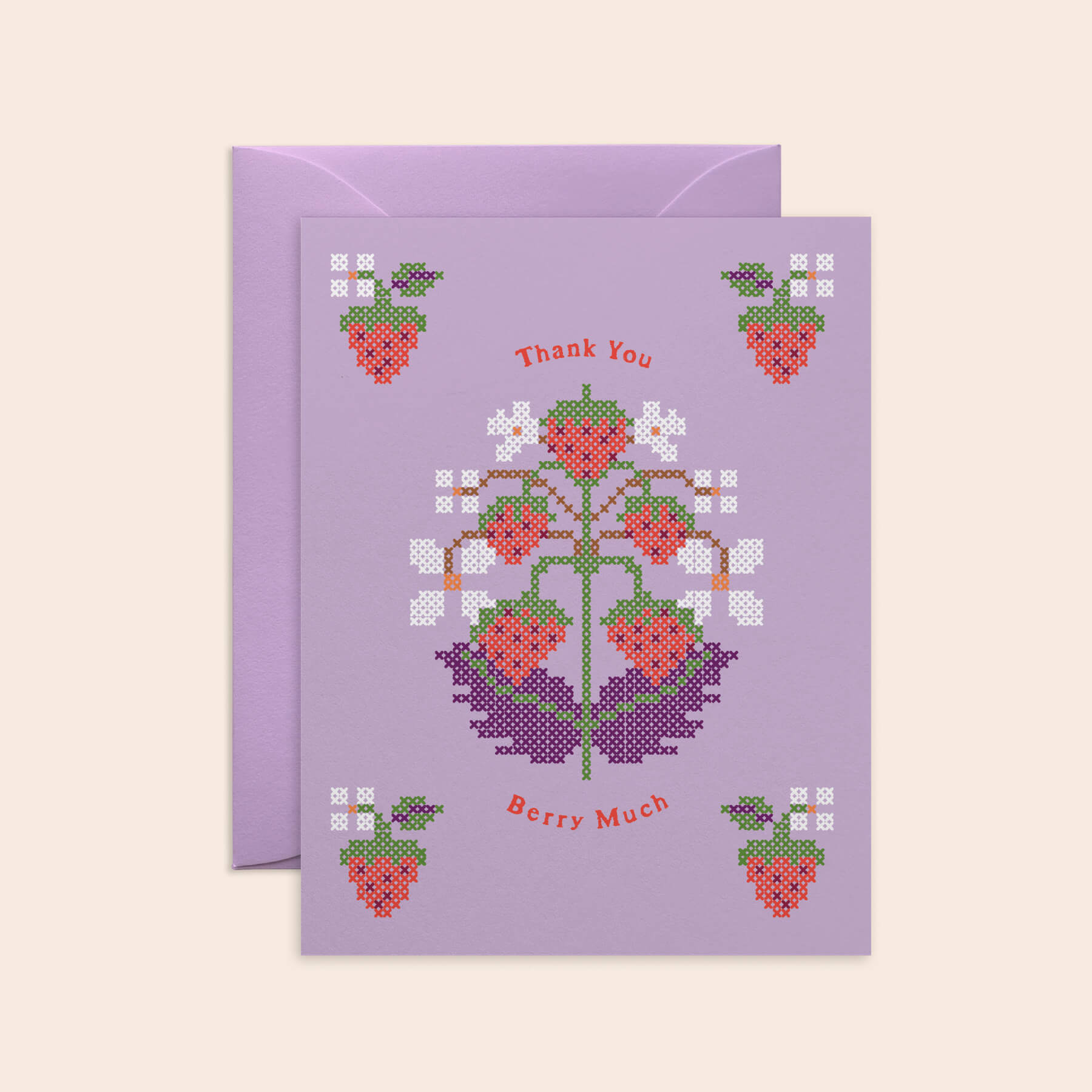 Strawberry Cross-Stitch Thank You Card, Lavender