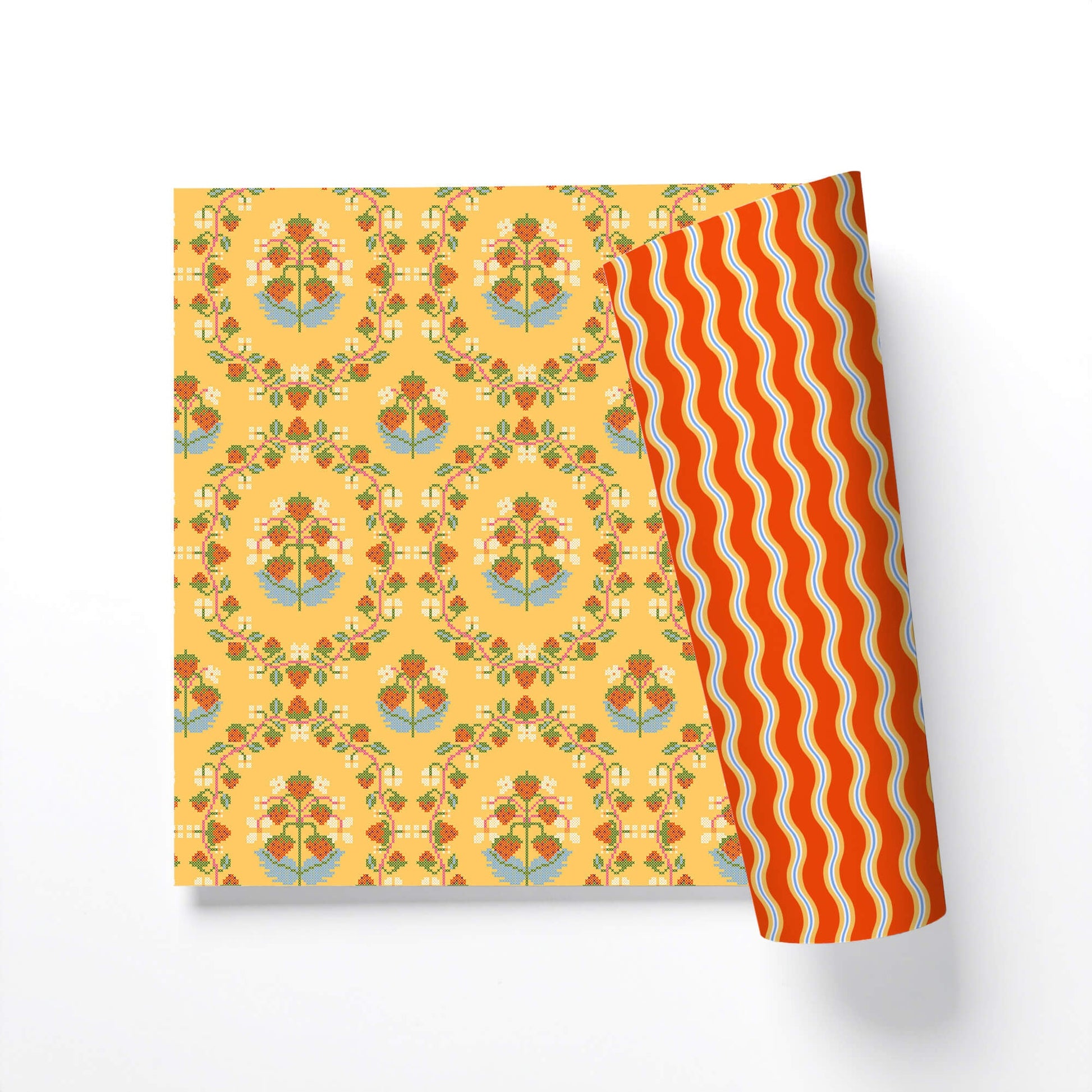 Nostalgic Strawberry Cross-Stitch Double-Sided Gift Wrap
