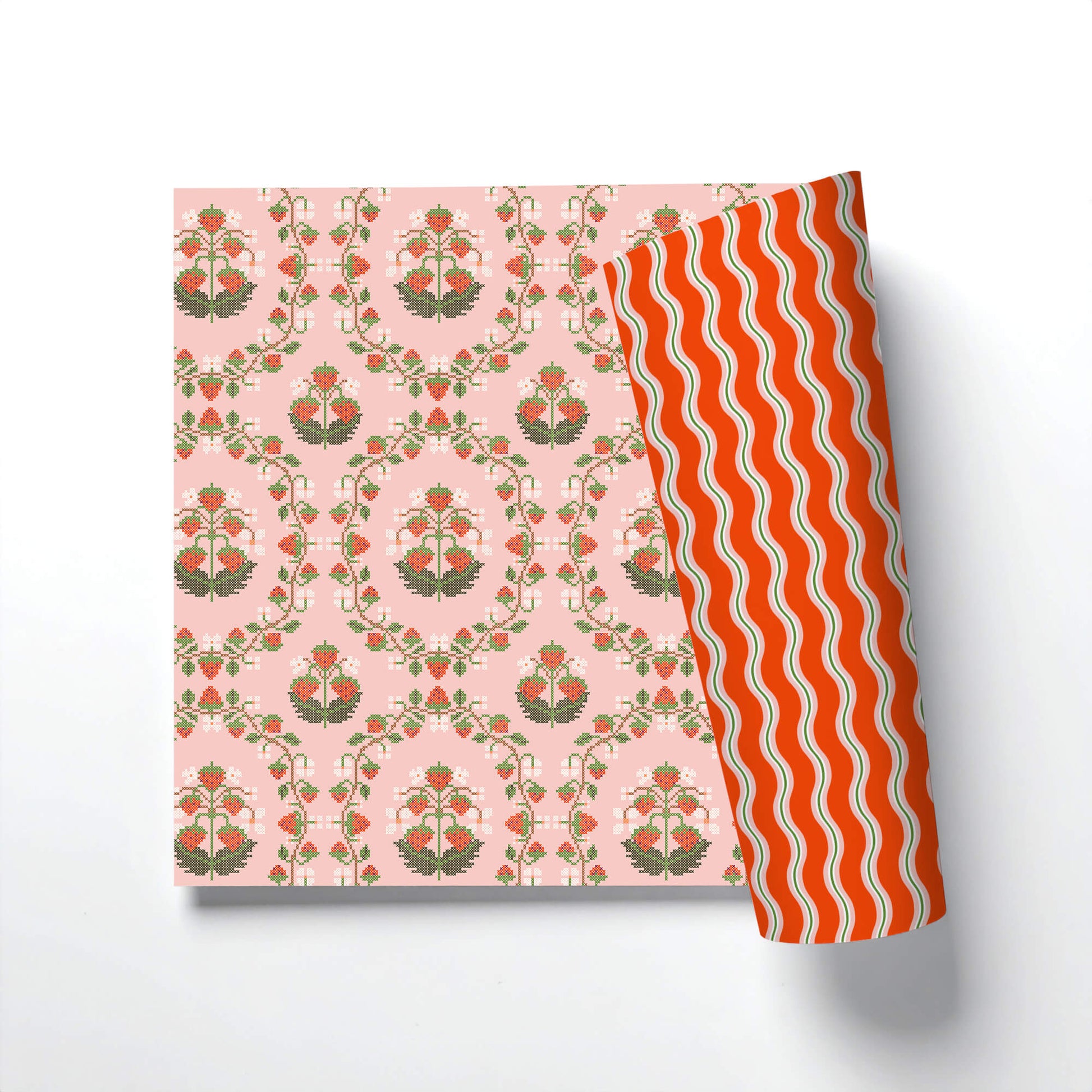 Nostalgic Strawberry Cross-Stitch Double-Sided Gift Wrap