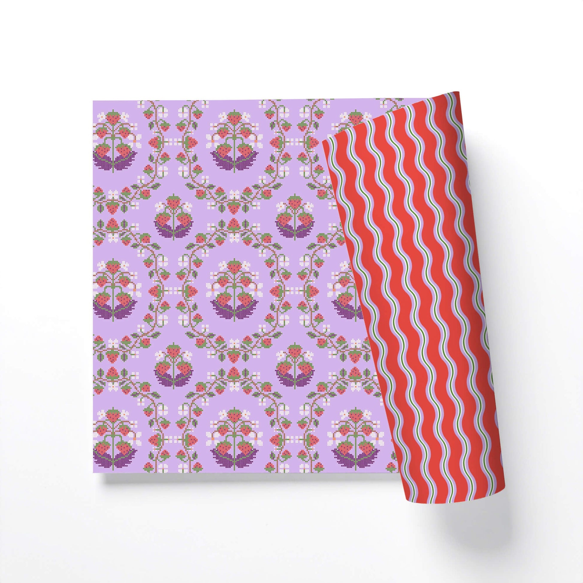 Nostalgic Strawberry Cross-Stitch Double-Sided Gift Wrap