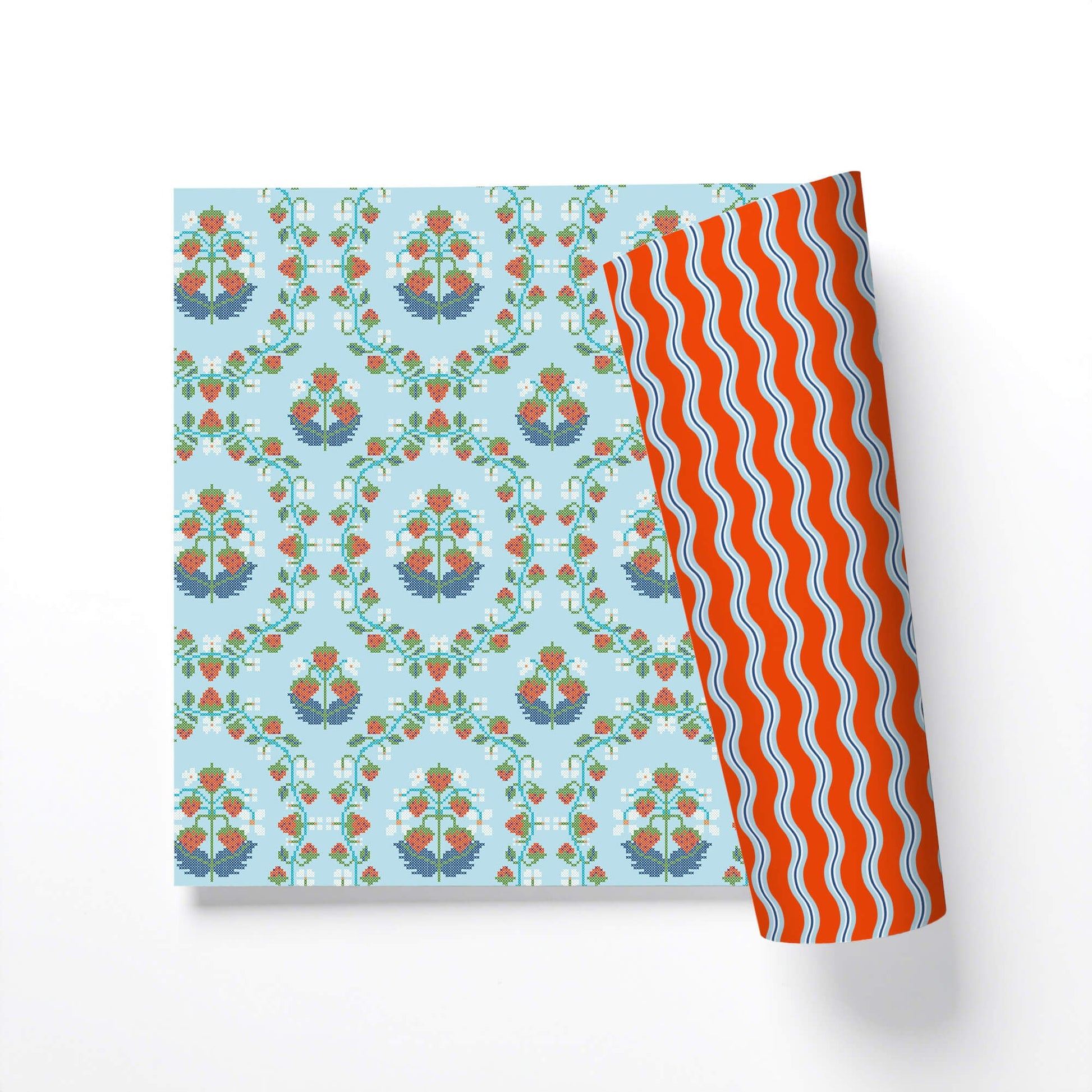 Nostalgic Strawberry Cross-Stitch Double-Sided Gift Wrap