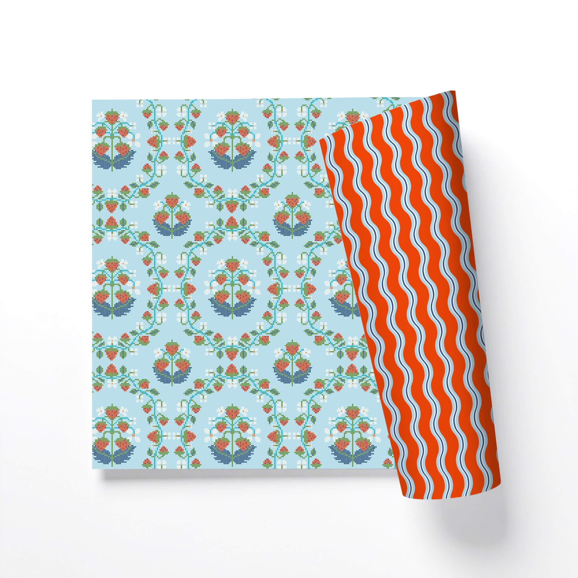 Nostalgic Strawberry Cross-Stitch Double-Sided Gift Wrap