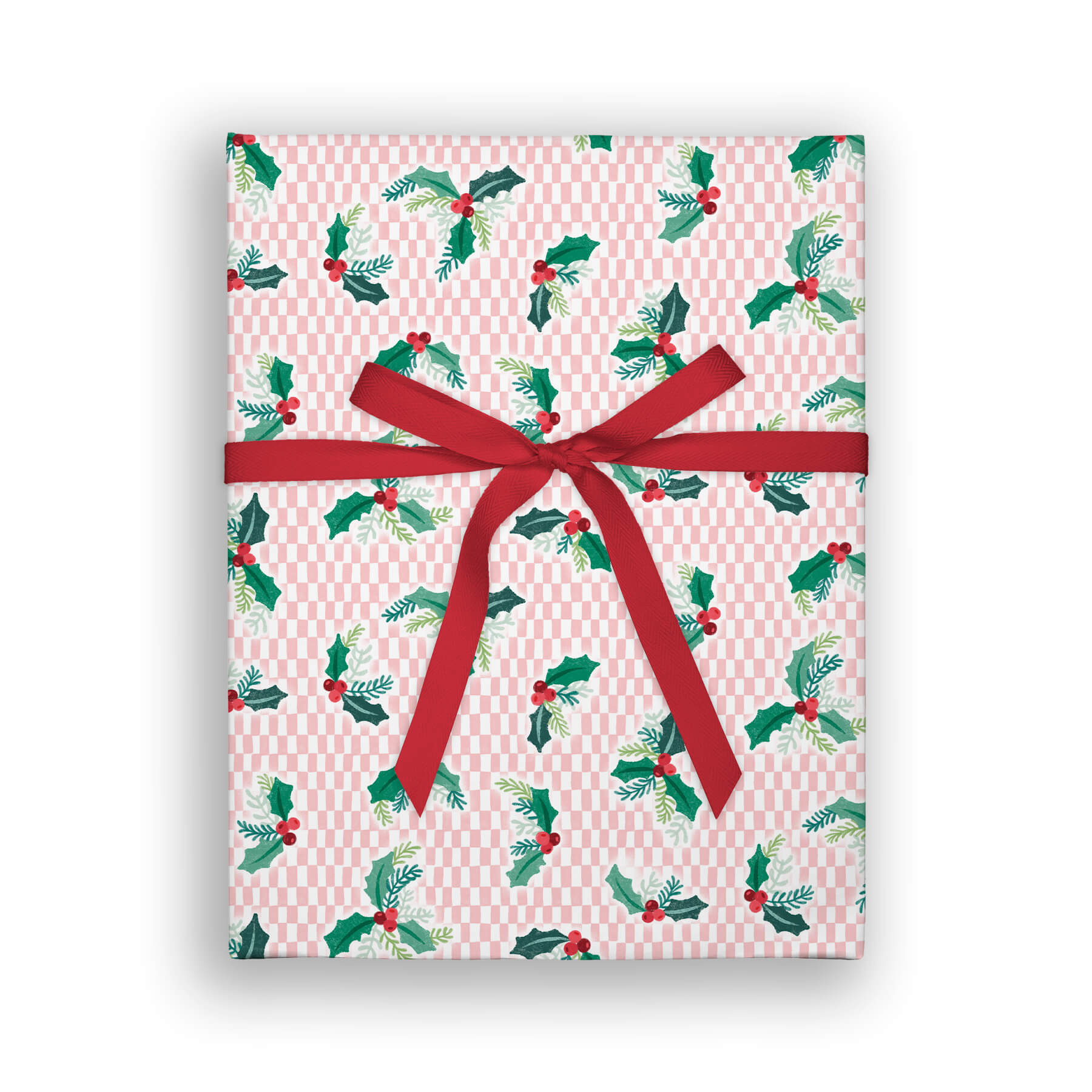 Vintage Holly on Pink Checker Holiday Gift Wrap