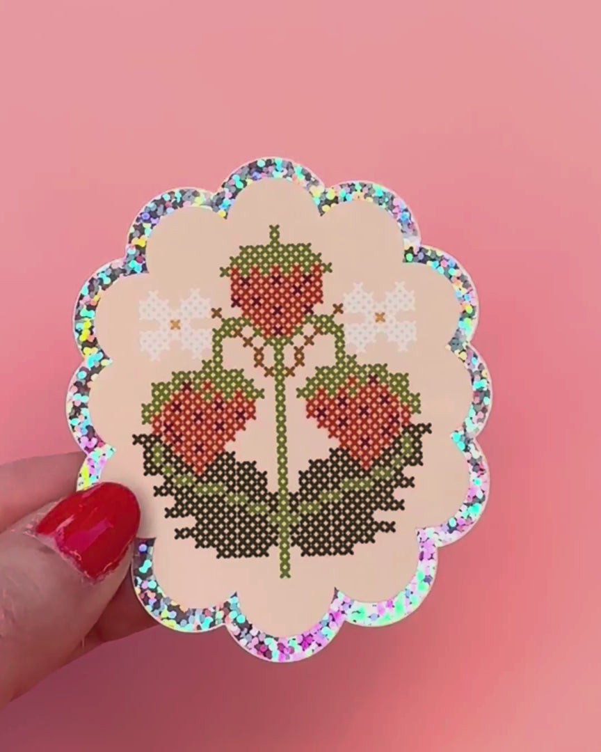 Strawberry Cross-Stitch Glitter Sticker