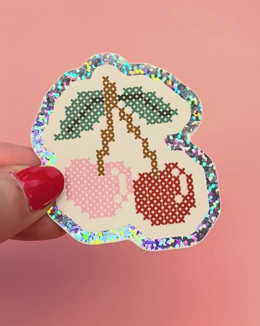 Cherry Cross-Stitch Glitter Sticker
